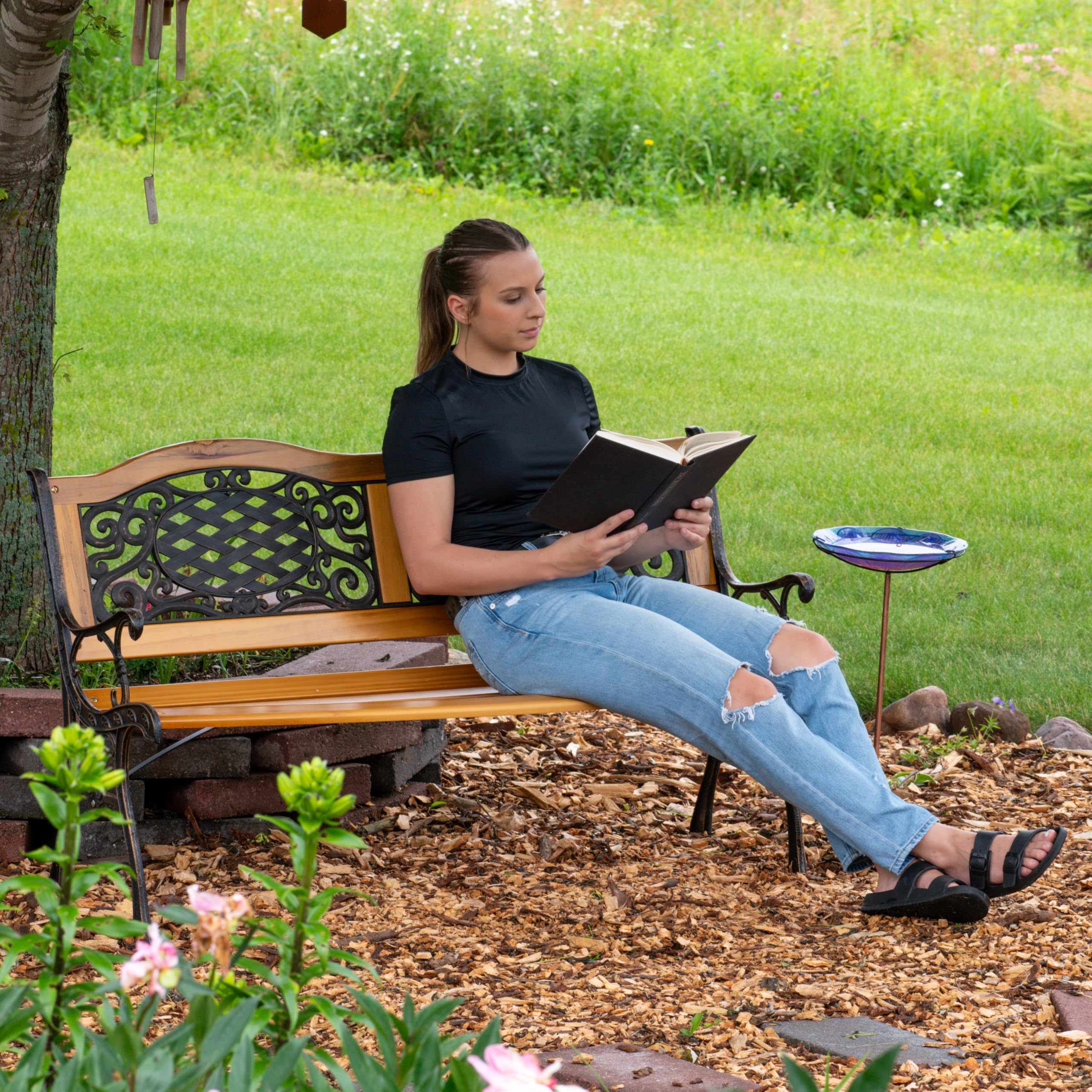 49-Inch Cast Iron and Wood 2-Person Garden Bench with Ivy Crossweave Design