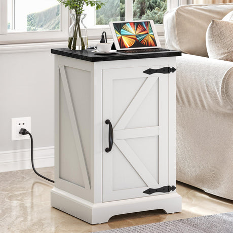 Farmhouse End Table Living Room, Side Table with Charging Station & Adjustable Storage