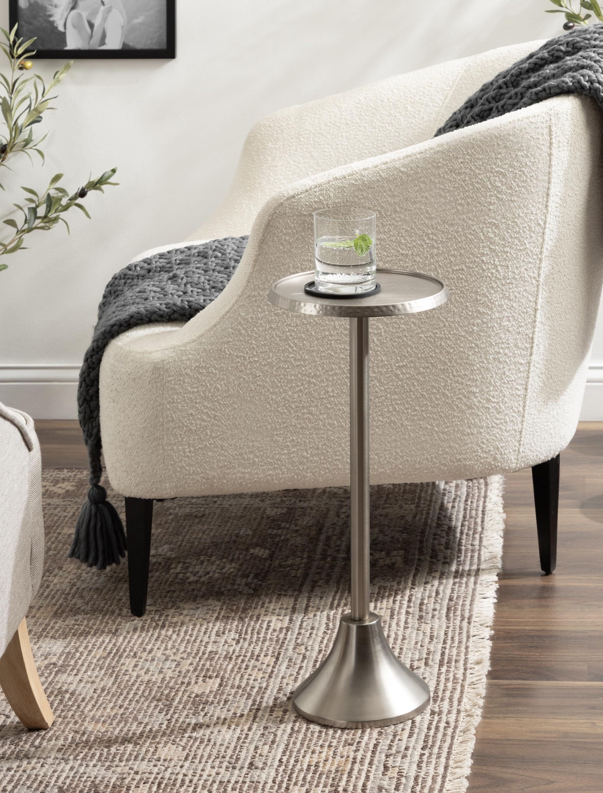 Sanzo Modern Pedestal Drink Table, 9 x 9 x 23, Antique Nickel, Decorative End Table