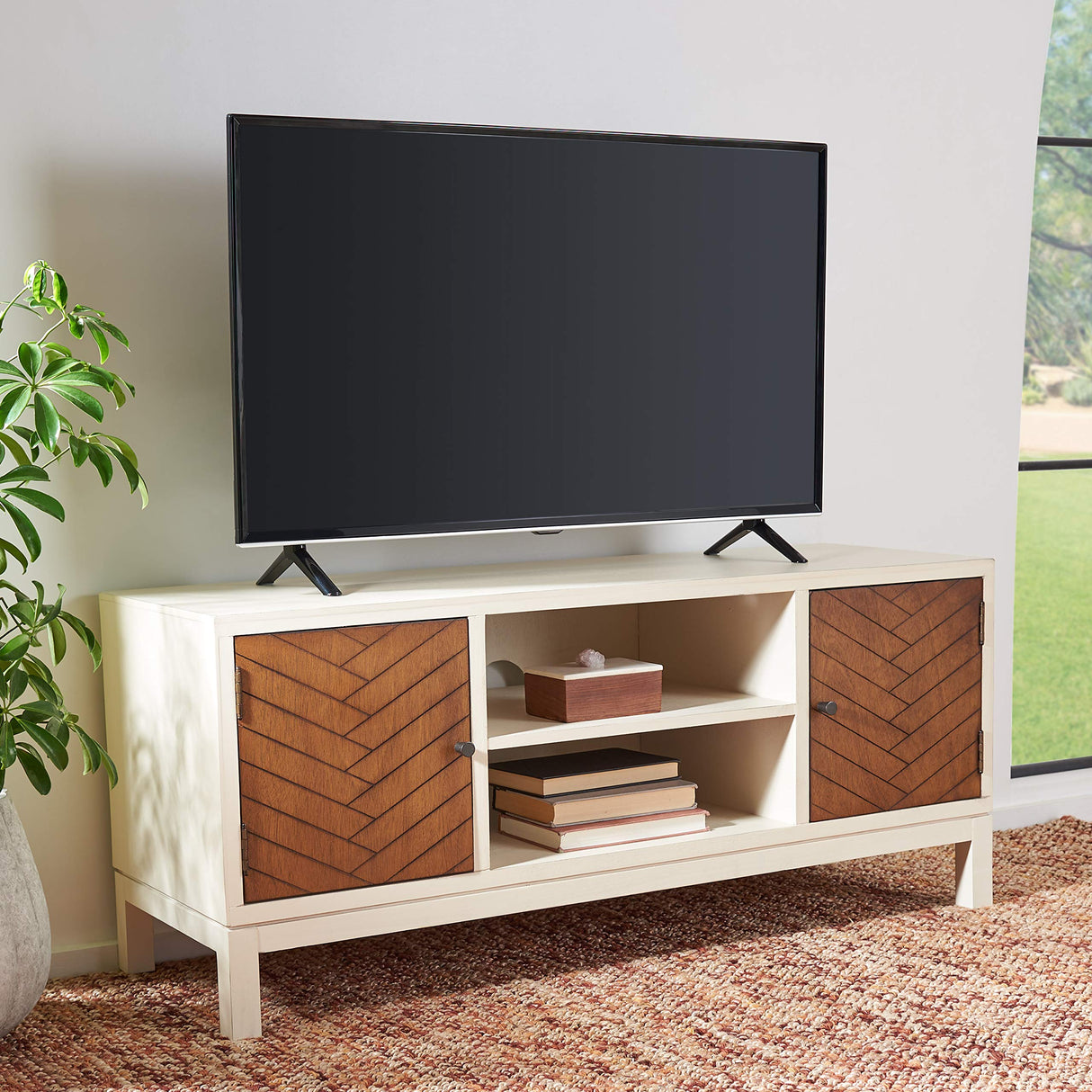 SAFAVIEH Home Collection Ajana Distressed White and Honey Brown 2-Door 1-Shelf Media 50-inch Flatscreen TV Stand