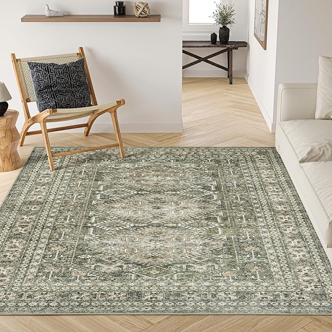 Washable Rug 5x7 - Ultra Thin Green Collection Area Rug, Stain Resistant Non-Skid Rugs