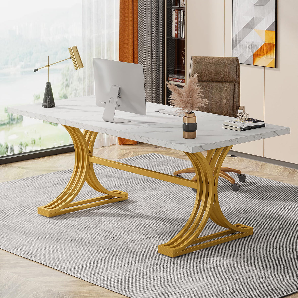 63" Large Office Desk, Modern Rectangle Executive Desks with Stylish Gold Legs,