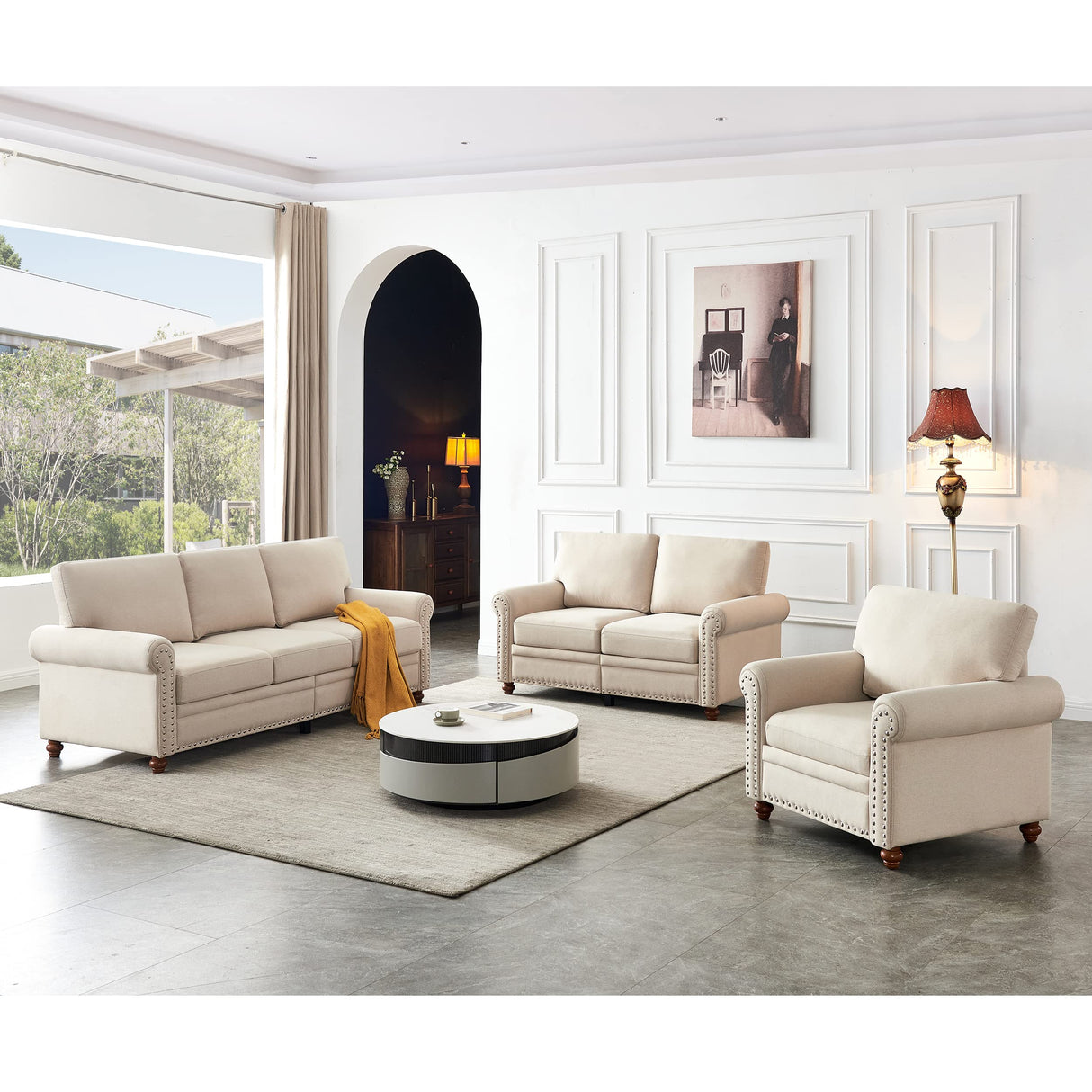 3-Piece Sofa Sets Sectional Living Room with Storage Space & Solid Wood Legs