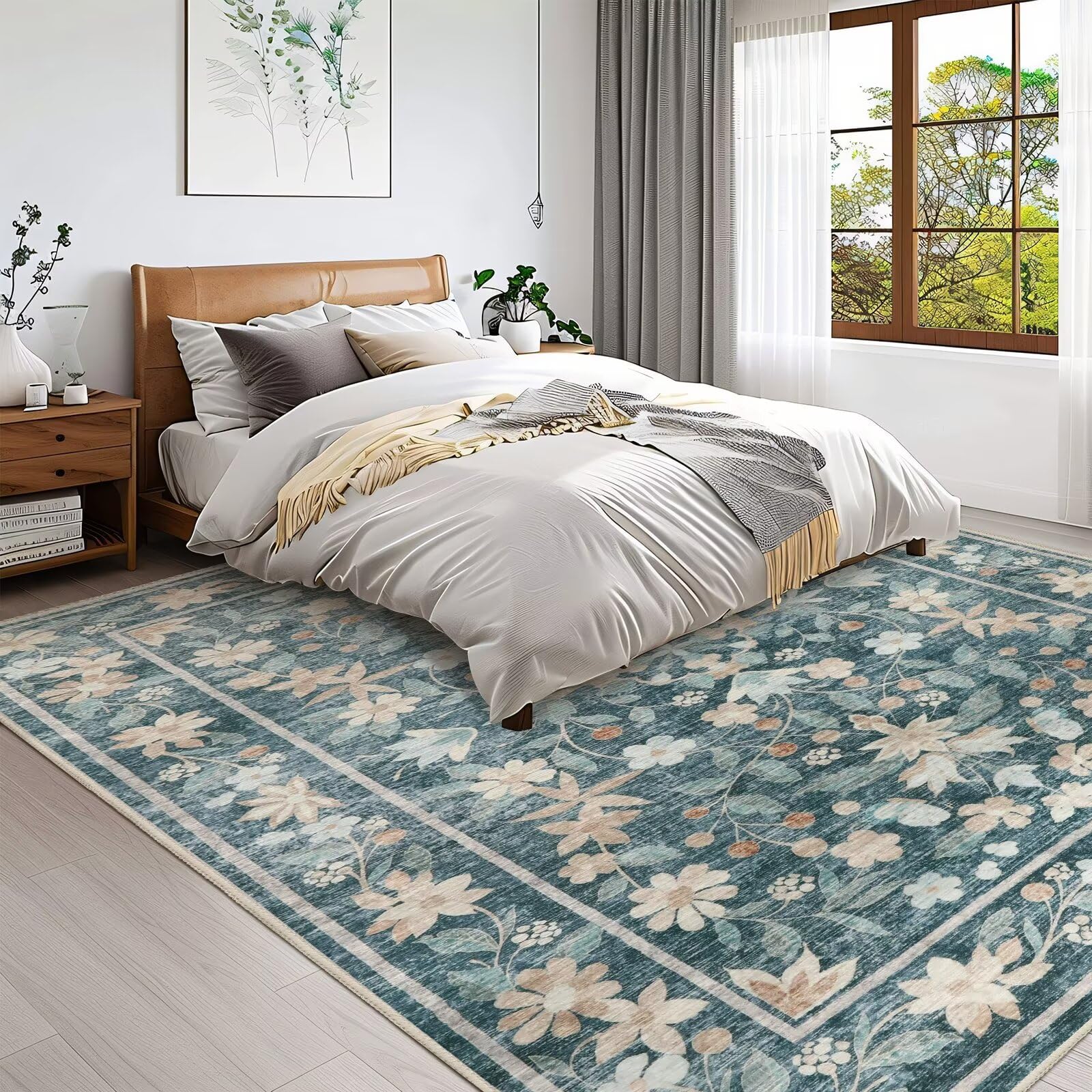Rugs 8x10 for Living Room, Ultra-Thin Vintage Large Floral Washable Rug Soft Non-Slip