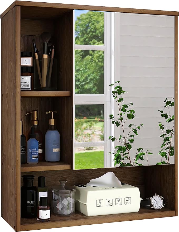 Bathroom Mirror Cabinet Wall Mounted, Bamboo Space Saver Medicine Cabinet,