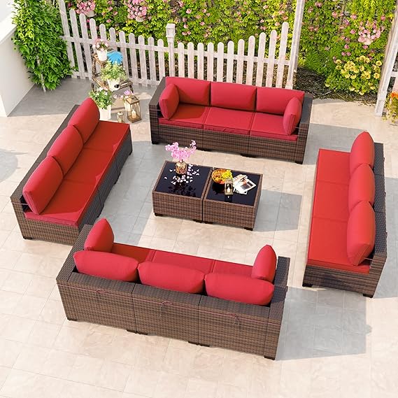 Outdoor Patio Furniture Set 6 Pieces Sectional Rattan Sofa Set Brown PE Rattan Wicker