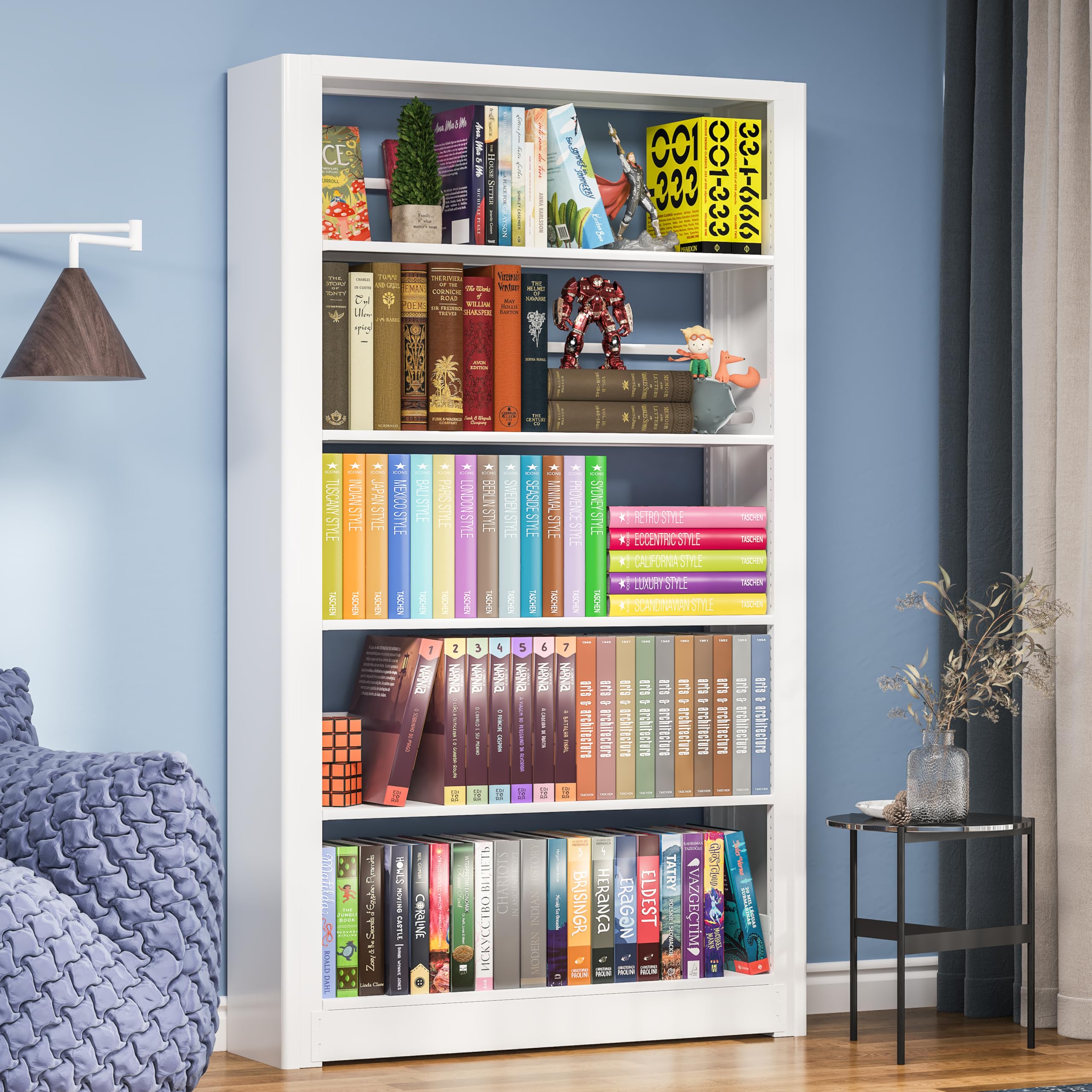 69" White Bookshelf, Modern 5 Tier Bookshelf with Adjustable Shelves, Tall Bookshelf