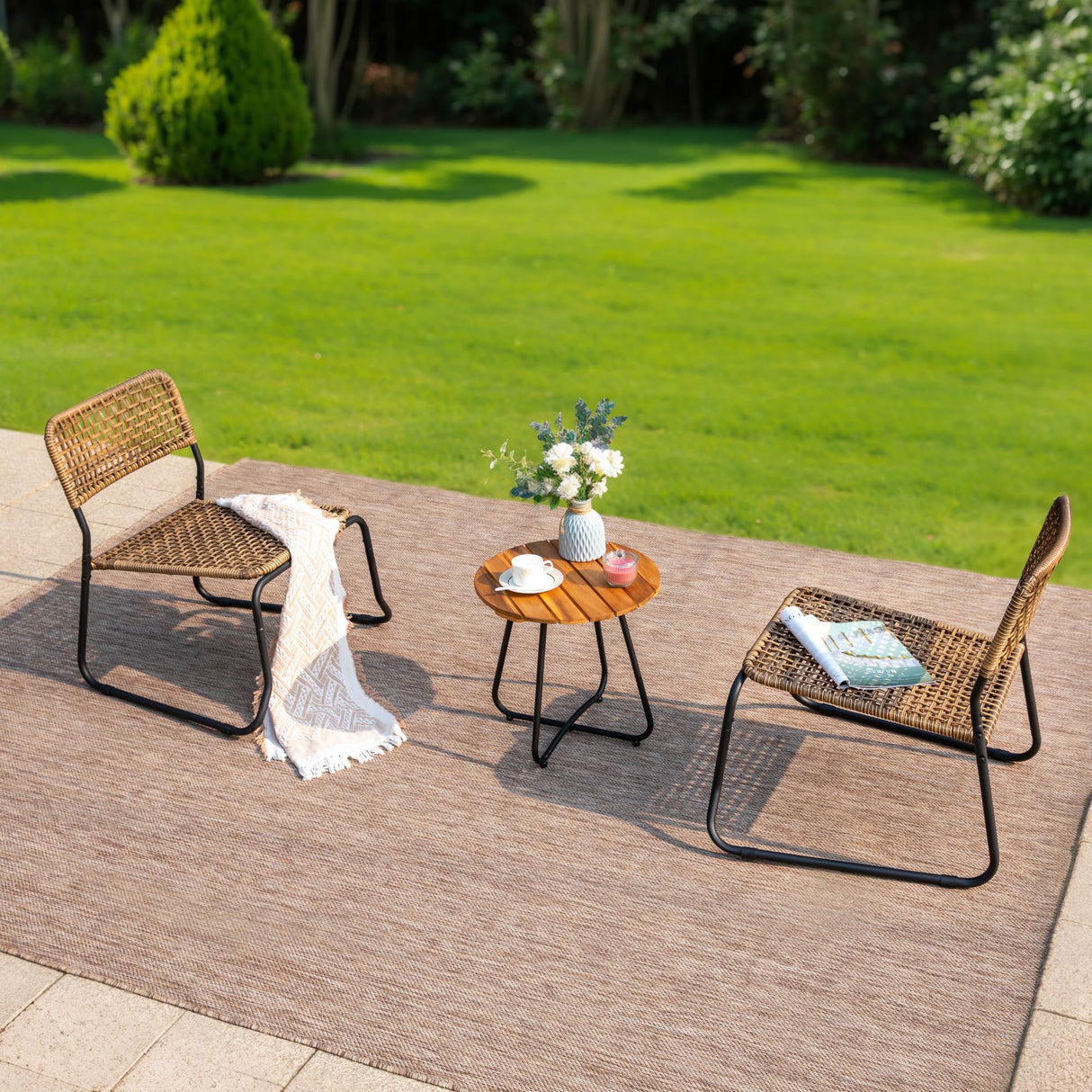 3-Pieces Wicker Bistro Patio Furniture Set for 2, Outdoor Small Wood Table and Stackable