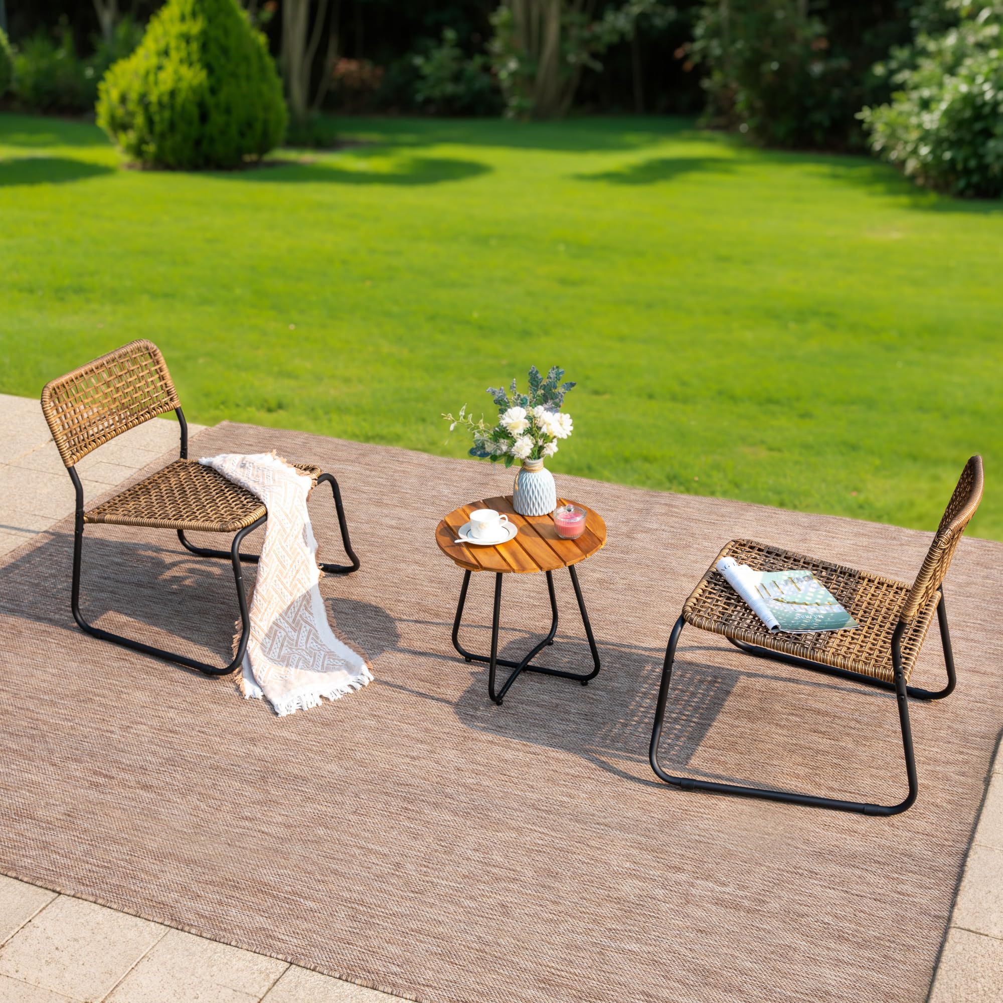 3-Pieces Wicker Bistro Patio Furniture Set for 2, Outdoor Small Wood Table and Stackable