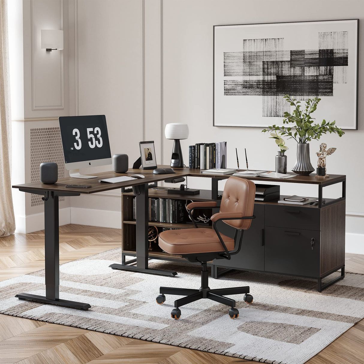 66 Inch Executive L Shaped Standing Desk with 2-Drawer File Cabinet