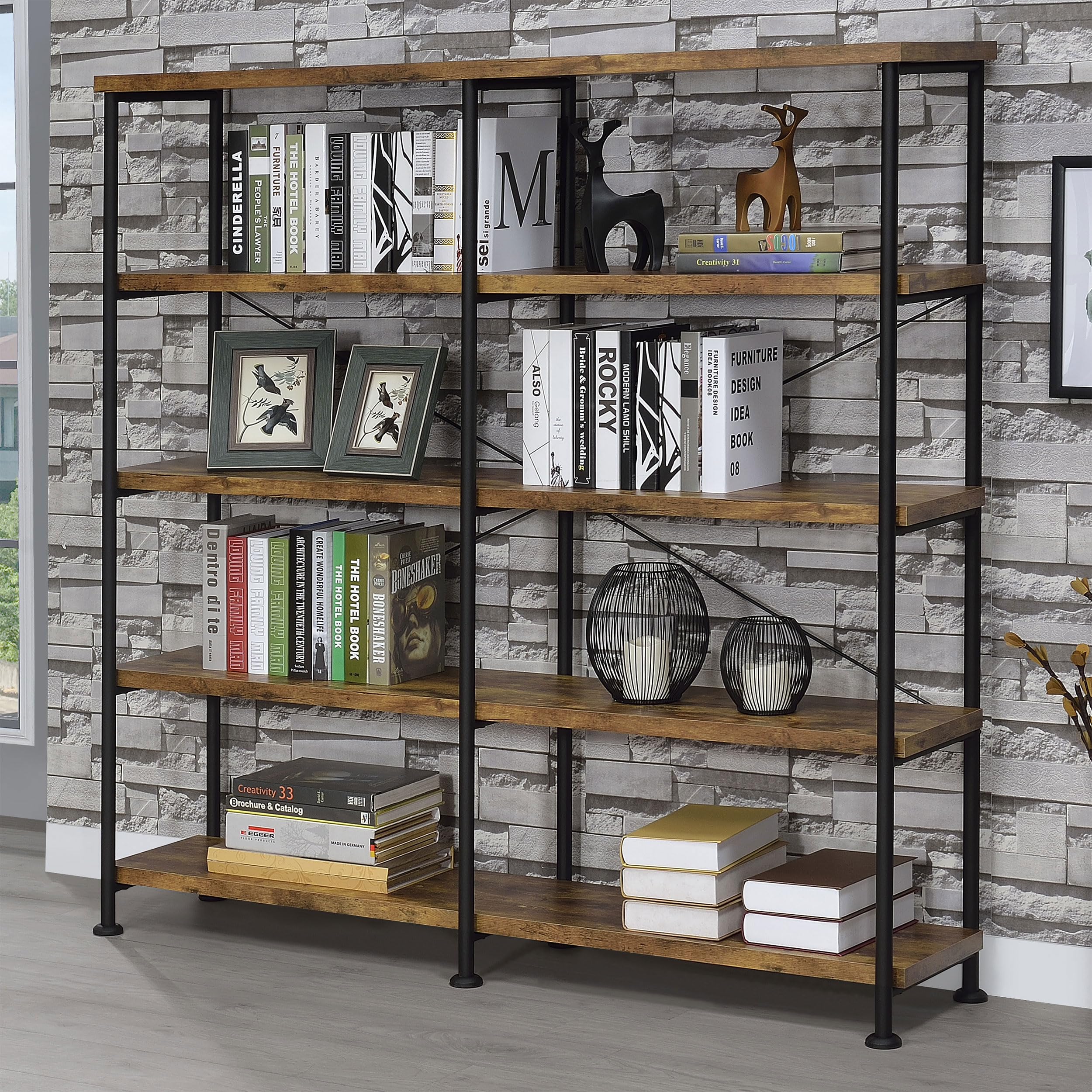 Analiese Rustic Industrial 4-Tier Double Bookcase Etagere Bookshelf Office Storage Book