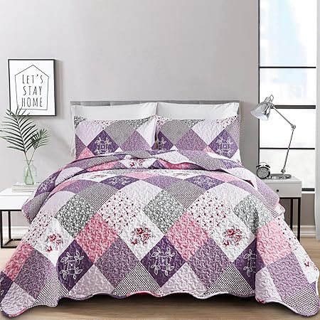 Purple Quilt Set Queen Size, Reversible Floral Plaid Patchwork Pattern Bedding