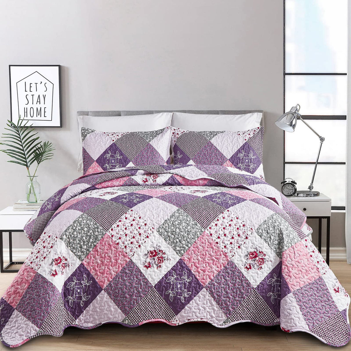 Purple Quilt Set Queen Size, Reversible Floral Plaid Patchwork Pattern Bedding