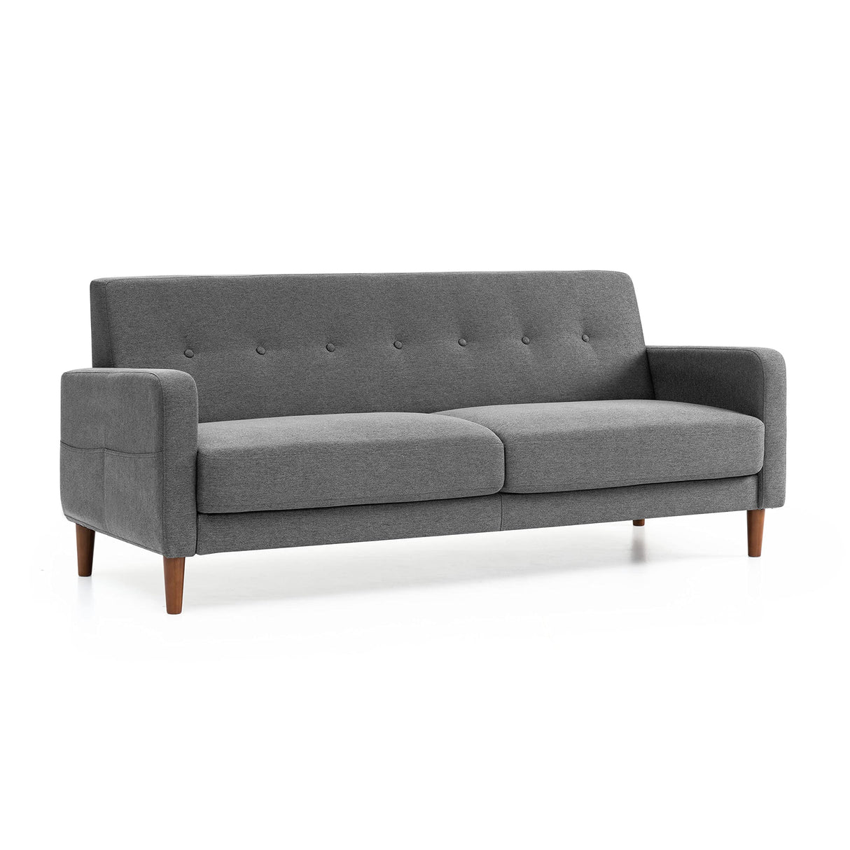 Adair Mid-Century Modern Sofa Couch with Armrest Pockets, Tufted Linen Fabric, Dark