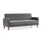 Adair Mid-Century Modern Sofa Couch with Armrest Pockets, Tufted Linen Fabric, Dark