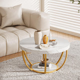 Tribesigns Modern Coffee Table, 2 Tier Round Coffee Table with Faux White Marble and Golden Metal Legs,