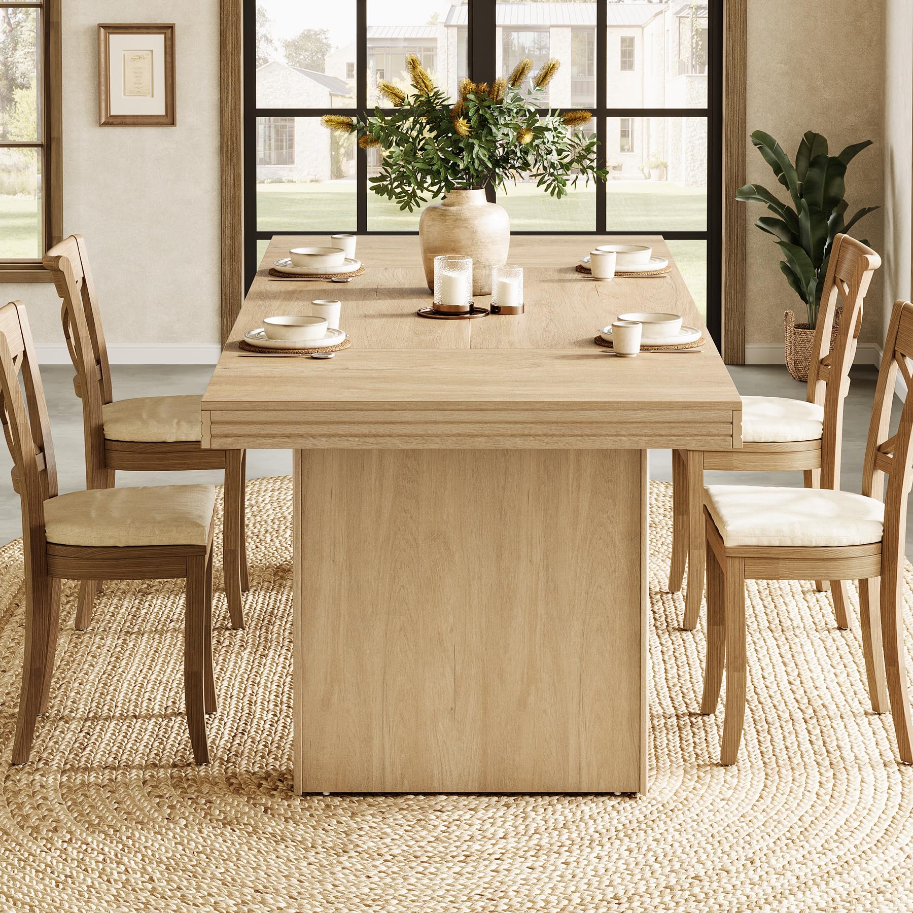 63-Inch Farmhouse Dining Table for 6 with Fluted Line Design