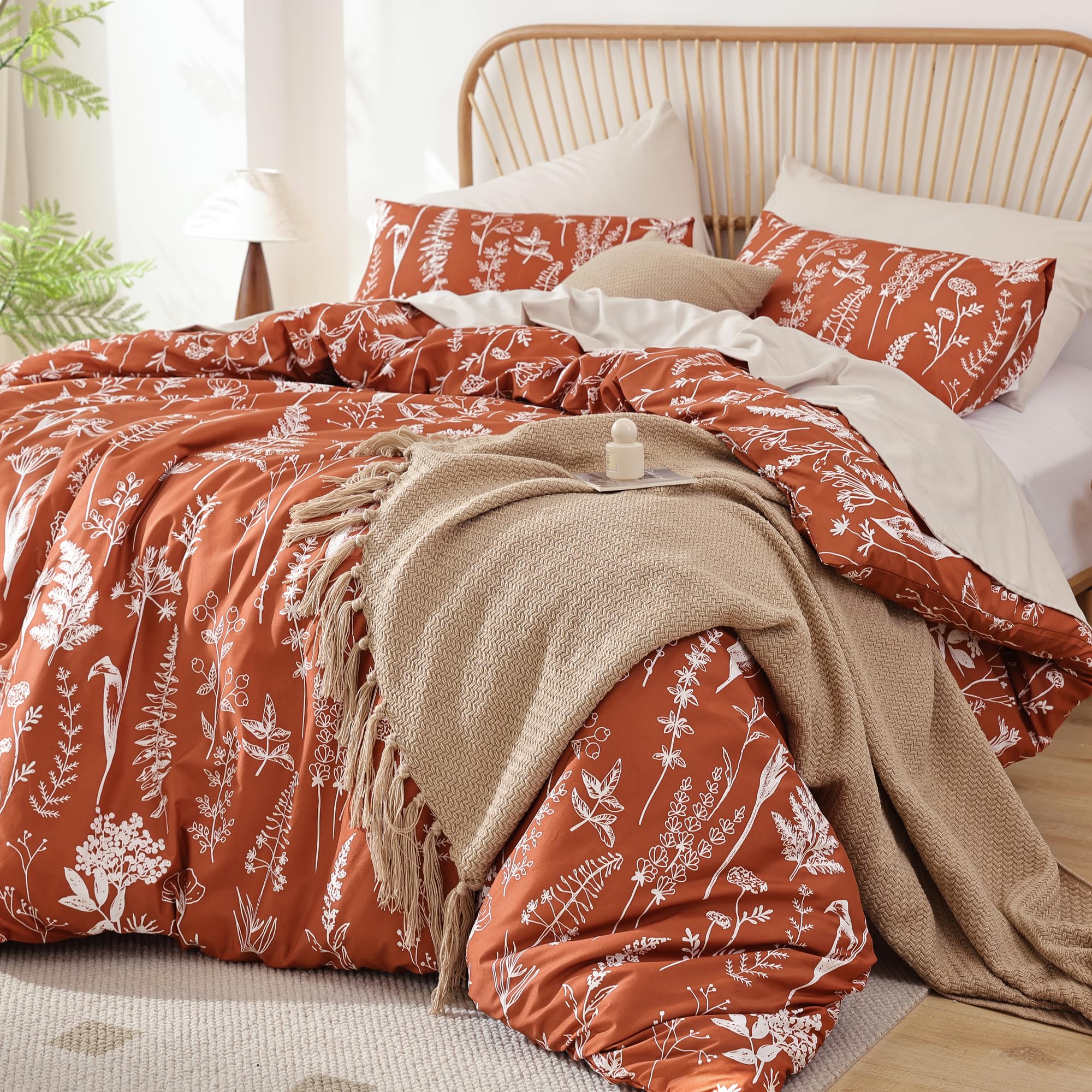 JANZAA Twin Comforter Set - Floral Twin Comforter, Twin Bedding Sets for All Seasons, 2 Pieces, 1 Comforter (66"x90") & 1 Pillow Cases (20"x26"), Terracotta