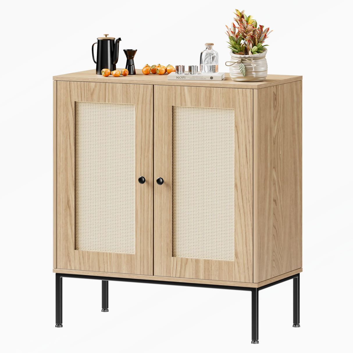 Rattan Storage Cabinet with Doors, Modern Sideboard Buffet Cabinet