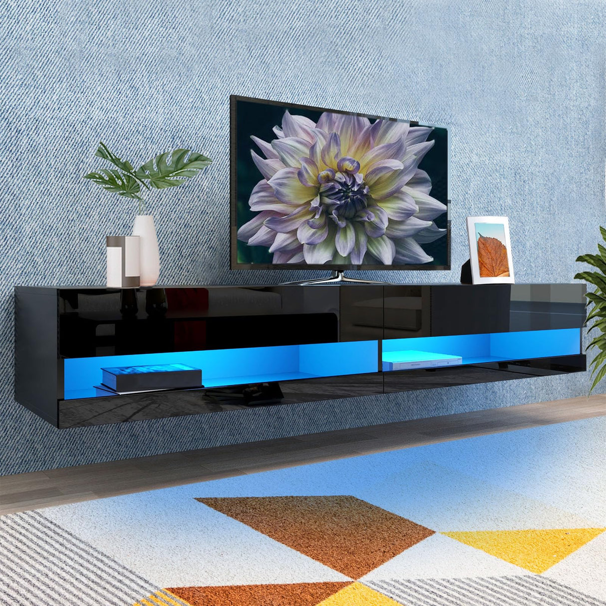 71in Floating TV Stand, High Gloss Entertainment Center for TVs Up to 80 inch