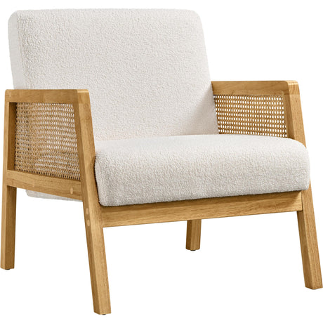 Boucle Fabric Accent Chair, Vintage Rattan Vanity Chair with Wood Armrest and Legs