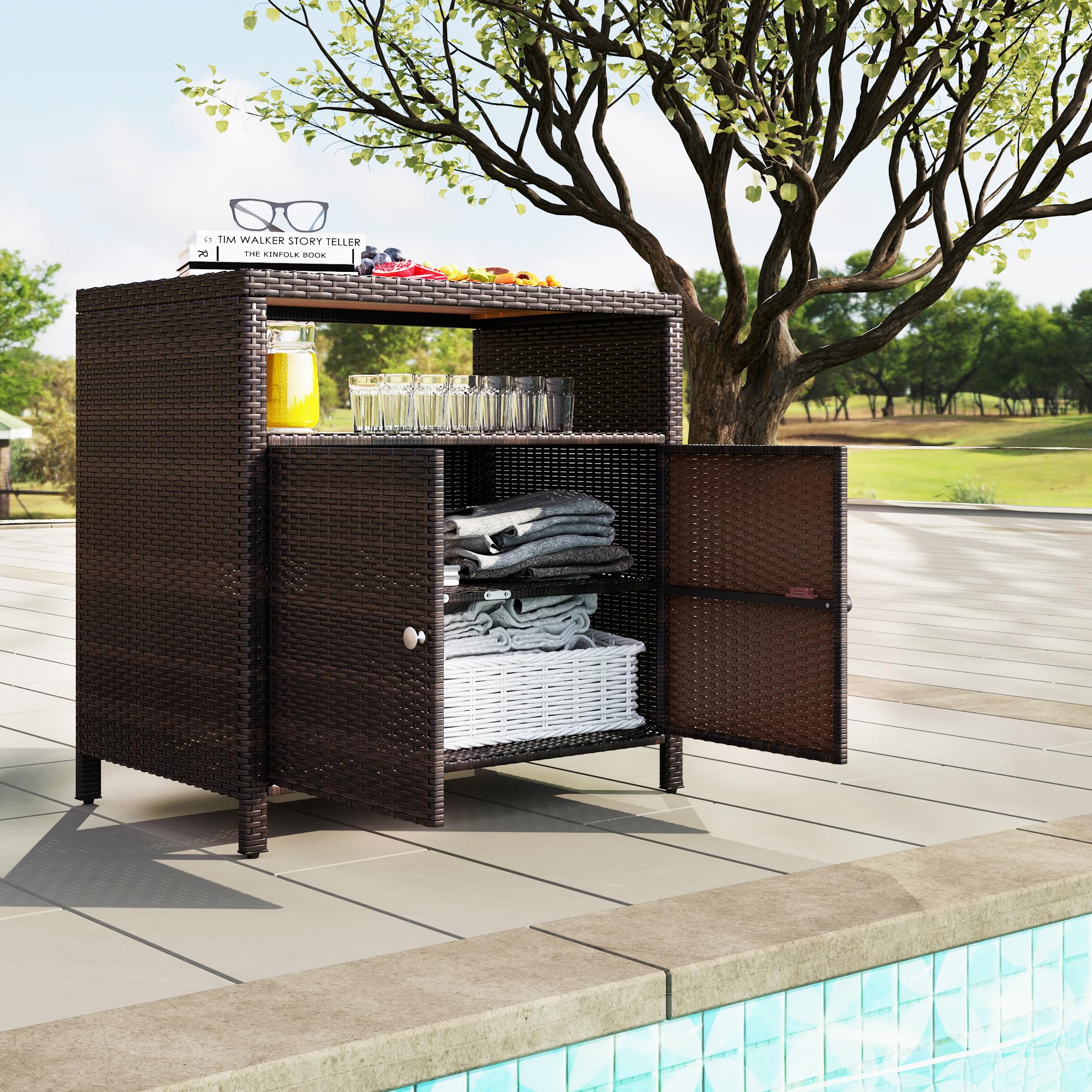Wicker Outdoor Storage Cabinet, Rattan Outdoor Bar Table with Acacia Wood Countertop