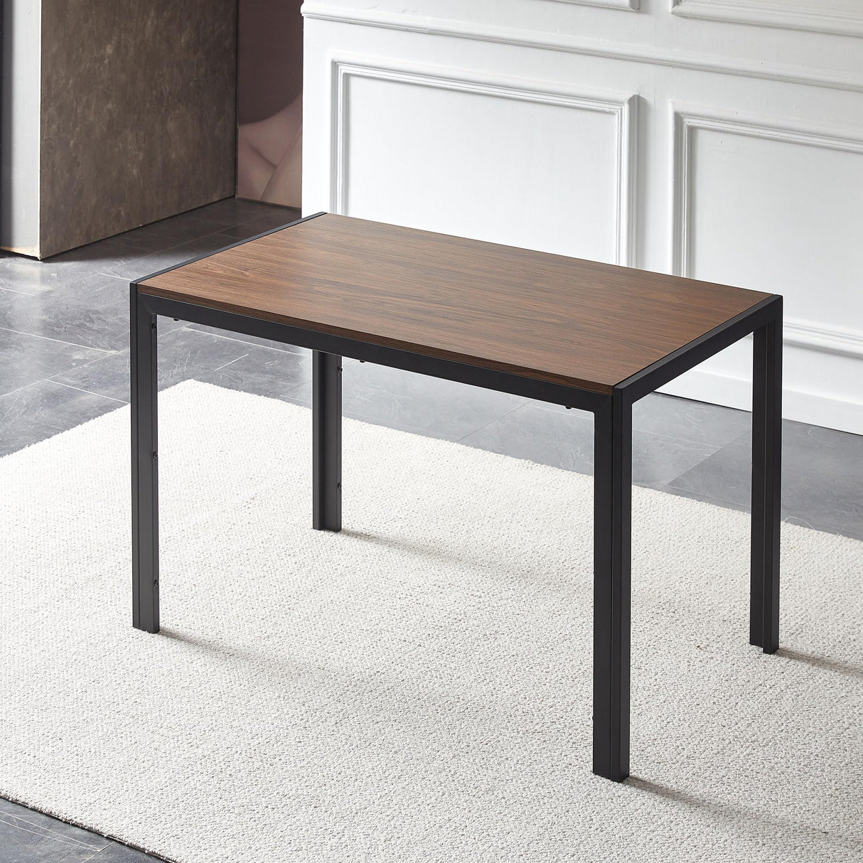 47" Dining Table, 4-Person Indoor Walnut Wood Grain Effect Table with Metal Legs