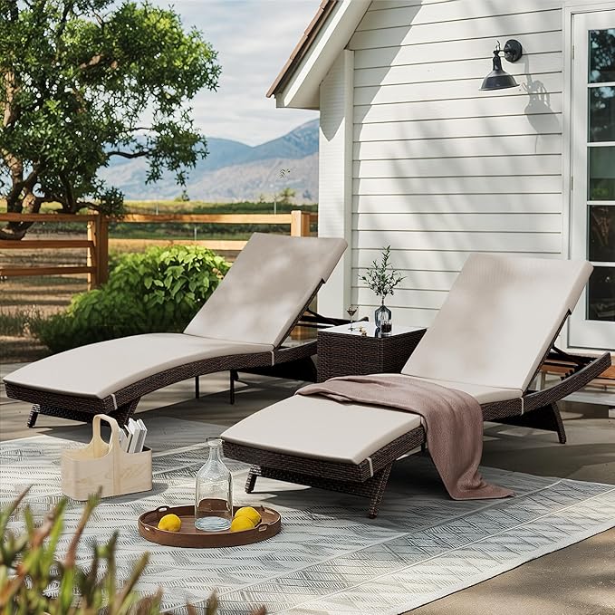 Patio Chaise Lounge Set 3 Pieces with Adjustable Backrest and Removable Cushion