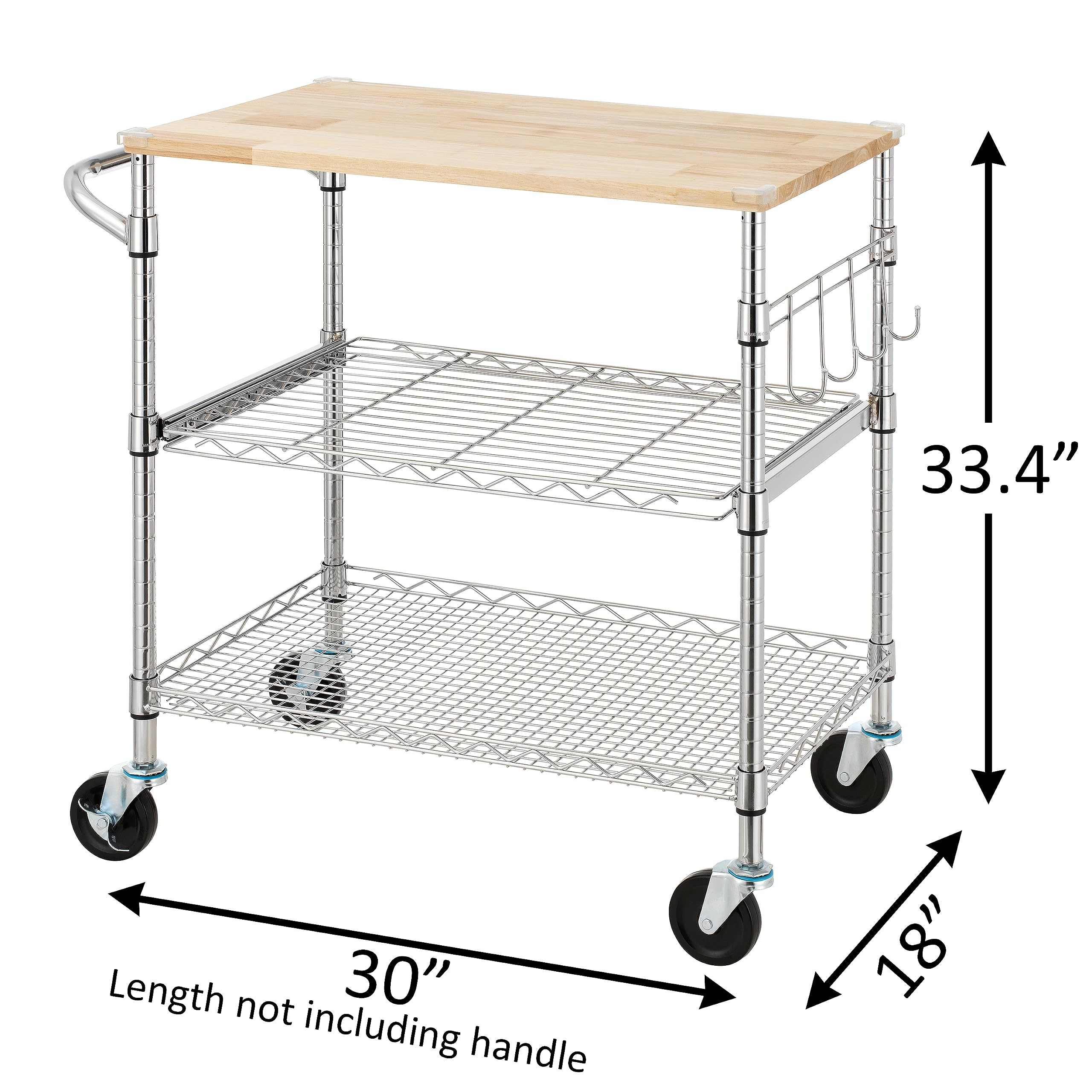 3-Tier Rolling Kitchen Cart with 18" D x 30" W Oak Wood Tabletop, Kitchen Island Cart