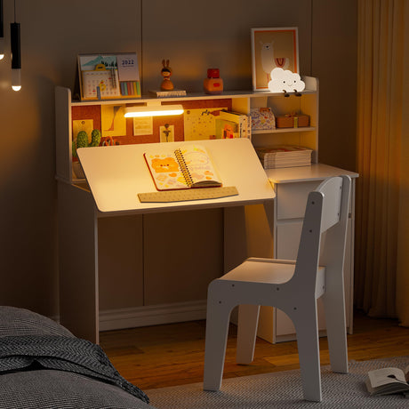 and Chair Set,Kids Study Desk with 3-Color Lights,Tiltable Desktop,Multi Functional Study Table for Kids 5-12,Student Writing Desk with Hutch and Storage Cabinet for Bedroom