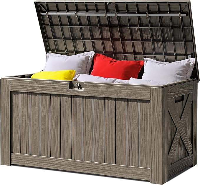 Greesum 120 Gallon Outdoor Storage Box with Lock - Woodgrain Plastic Deck Box, Reinforced Lid & Heavy Duty Design, Easy Assembly for Garden, Patio, Lawn, Black