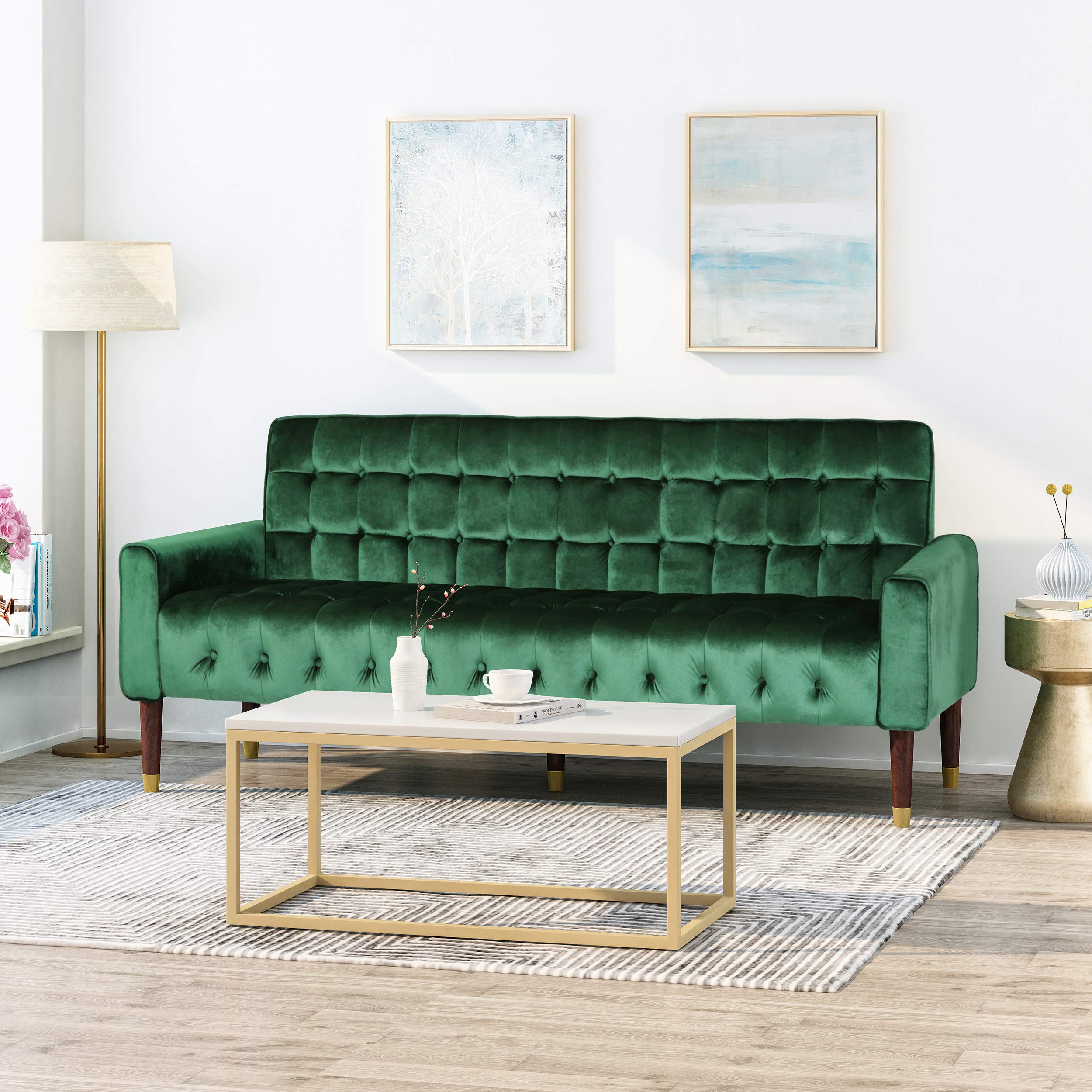 Adan Tufted Velvet Sofa Tipped Tapered Legs, Emerald and Gold Finish