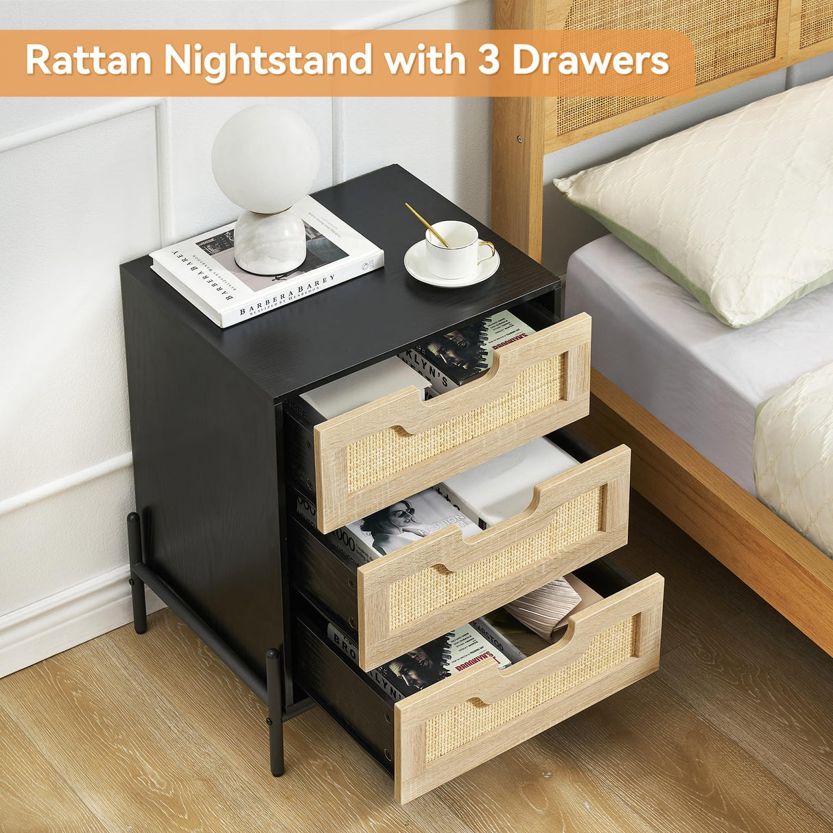 Nightstand with Rattan Drawer, Bedside Table with 3 Natural Rattan Drawers, 25.2 Inch Bedside End Table for Bedroom, Boho Style Strong Wooden Structure, Side Table for Bedroom, Living Room, Natural