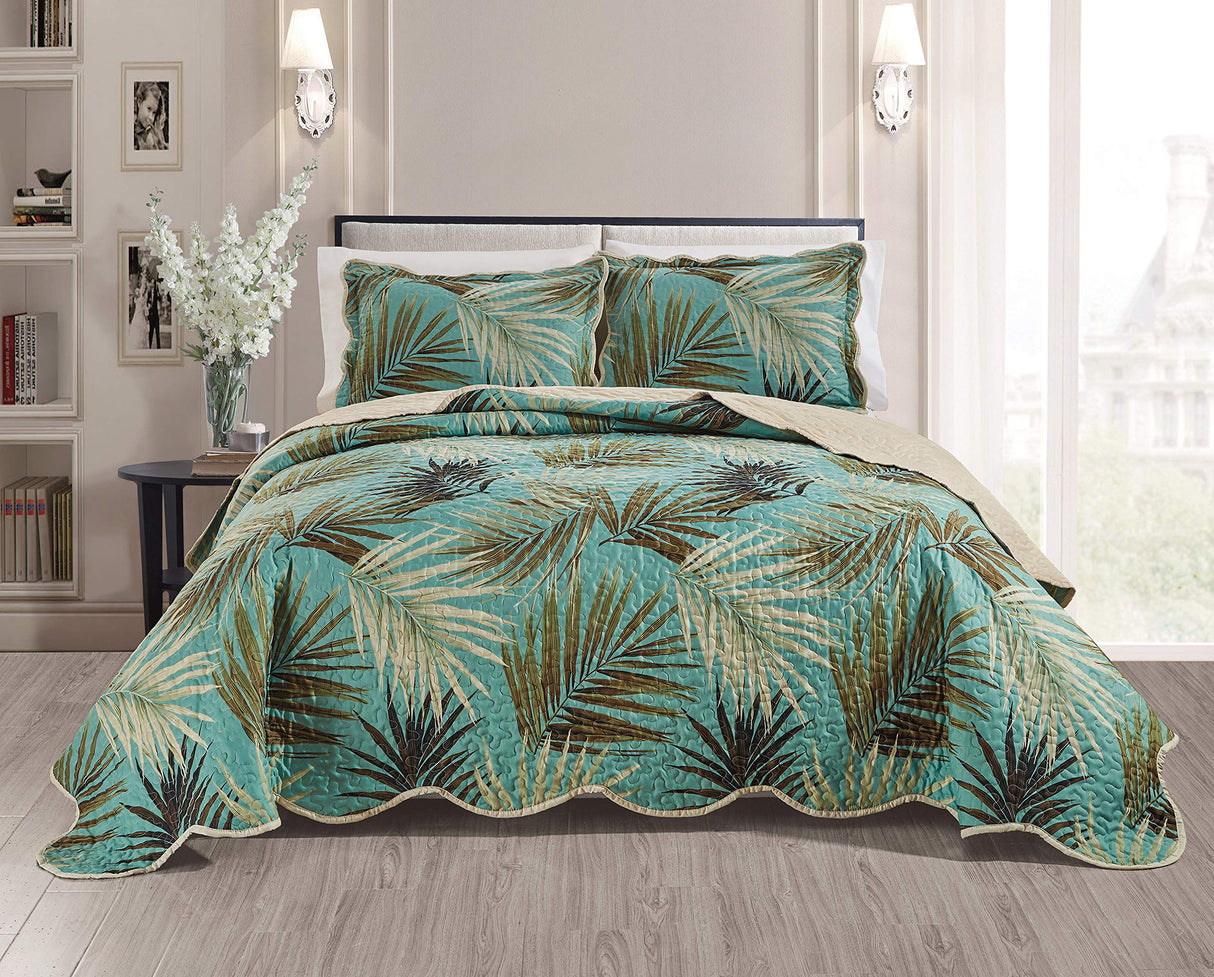 3-Piece Fine Printed Tropical Palm Leaves Oversize (115" X 95") Quilt Set