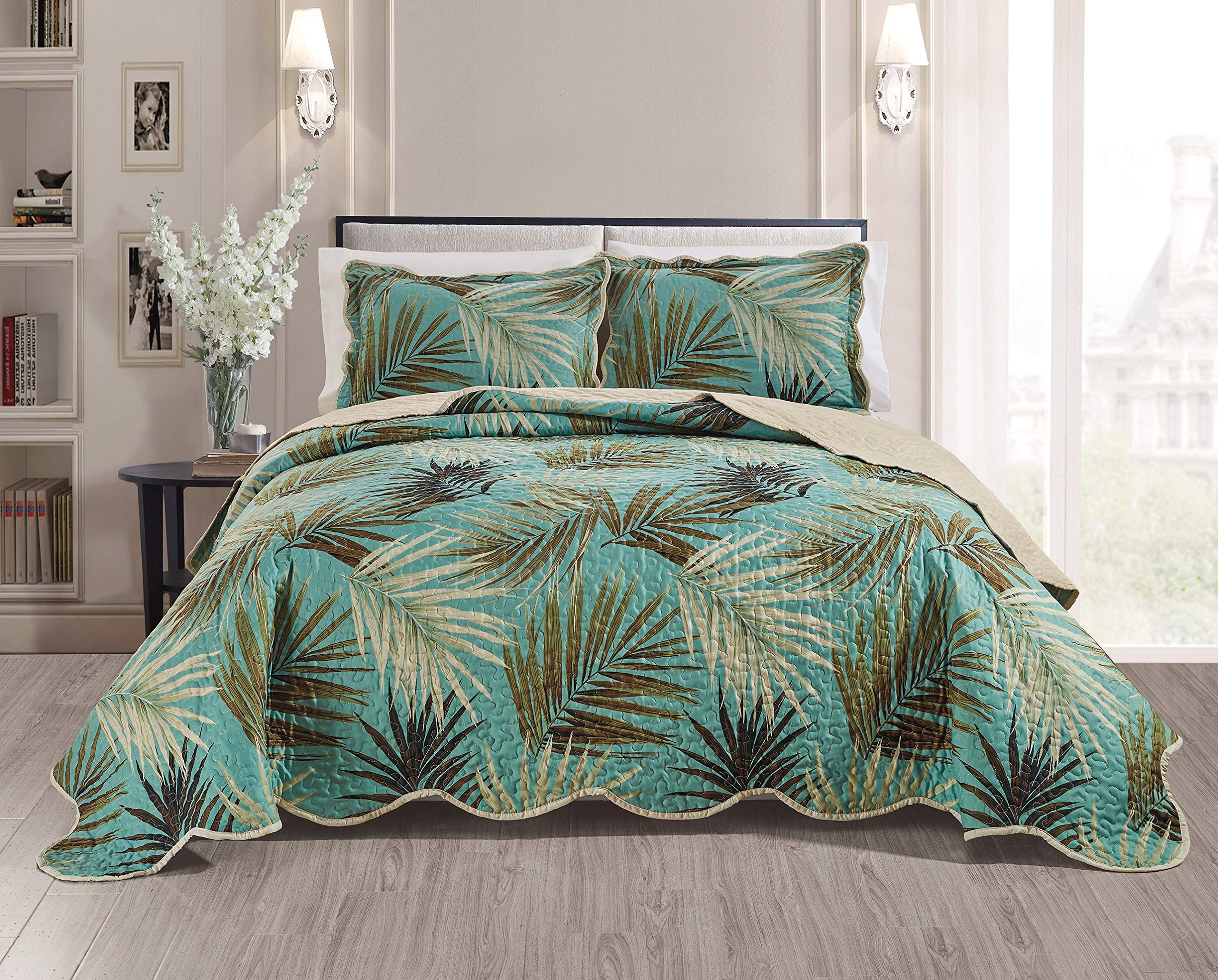 3-Piece Fine Printed Tropical Palm Leaves Oversize (115" X 95") Quilt Set