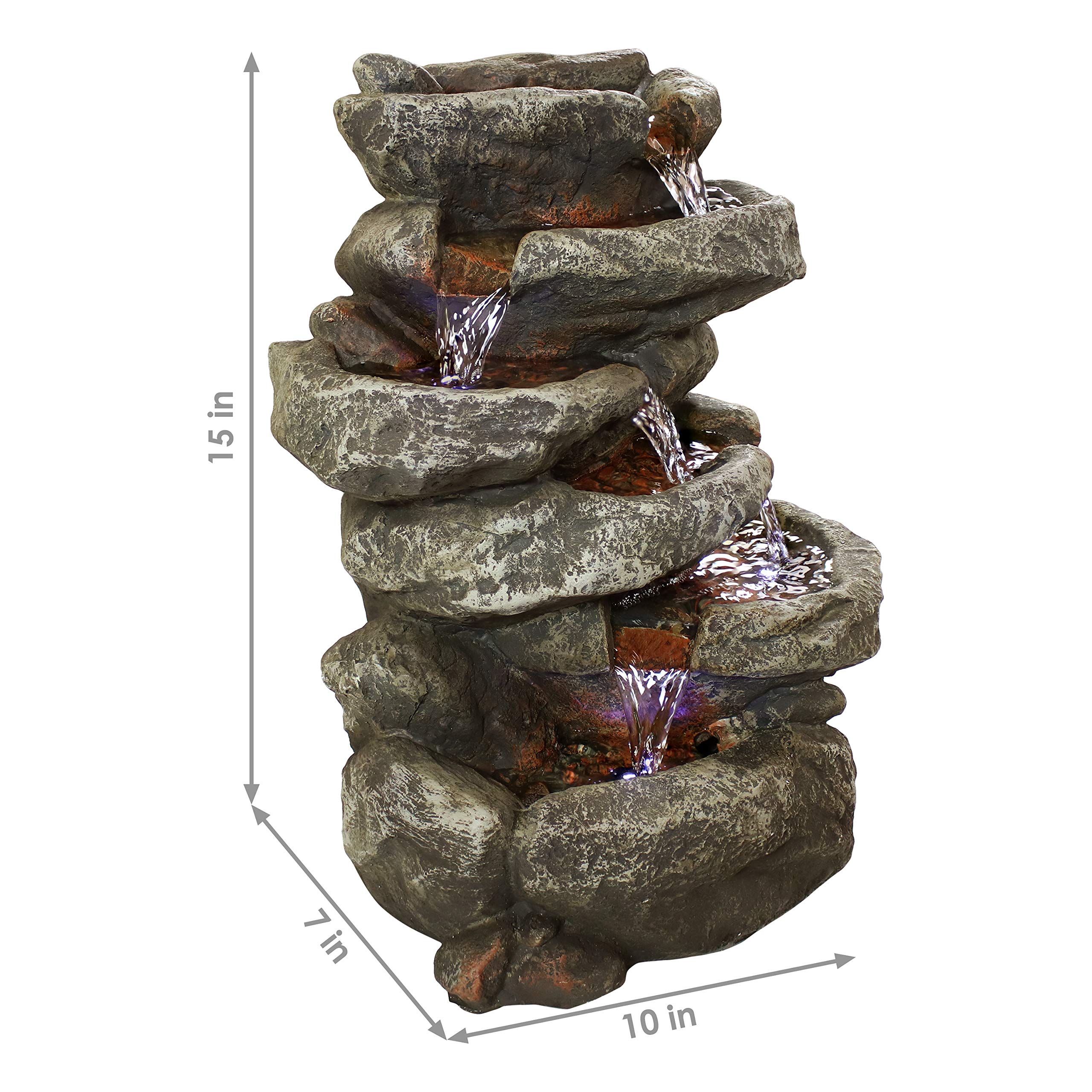 Stone Falls 15-Inch 6-Tier Tabletop Water Fountain with LED Lights - Electric