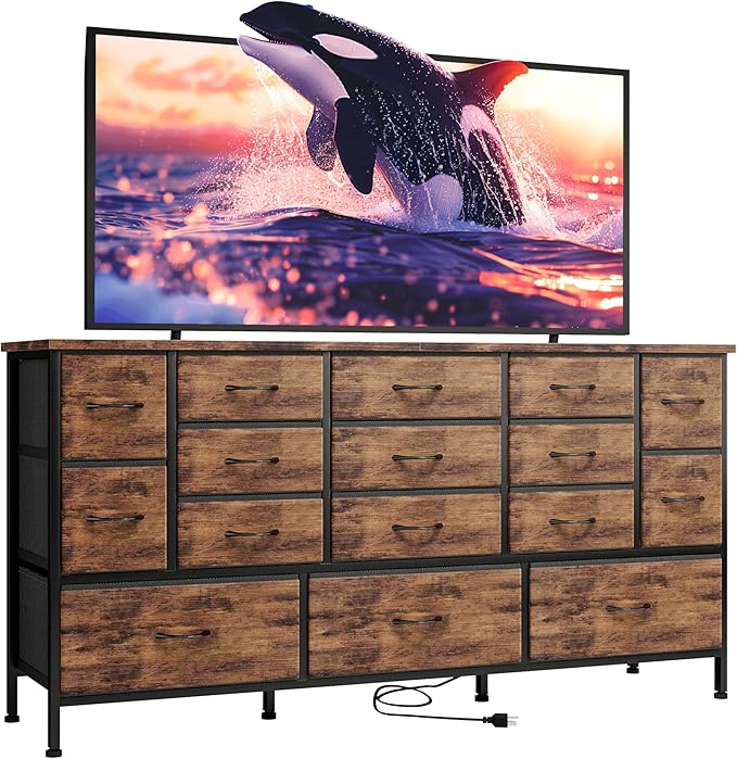 63.3 Inch Large Black Dresser for Bedroom, 16 Drawer Dresser, Long TV Stand for 55, 65,