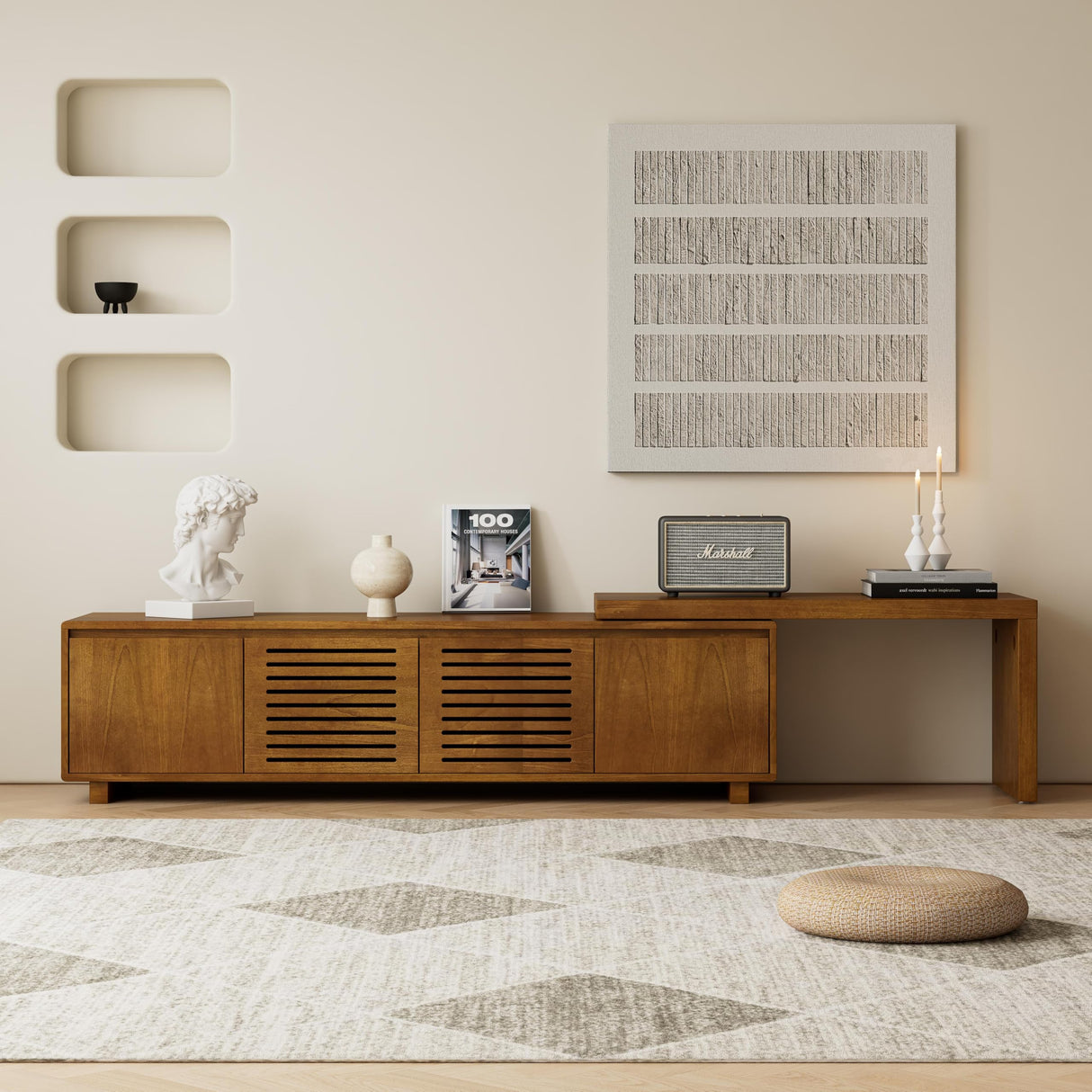 LUMISOL Extendable TV Stand with 2 Doors, Media Extendable Console TV Table for TVs up to 75” Farmhouse Entertainment Cabinet with Storage and Adjustable Shelves for Living Room, Brown Ebony