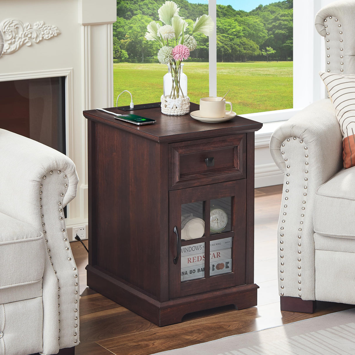 Farmhouse XXL End Table with Charging Station, Side Table with USB Ports and Outlets