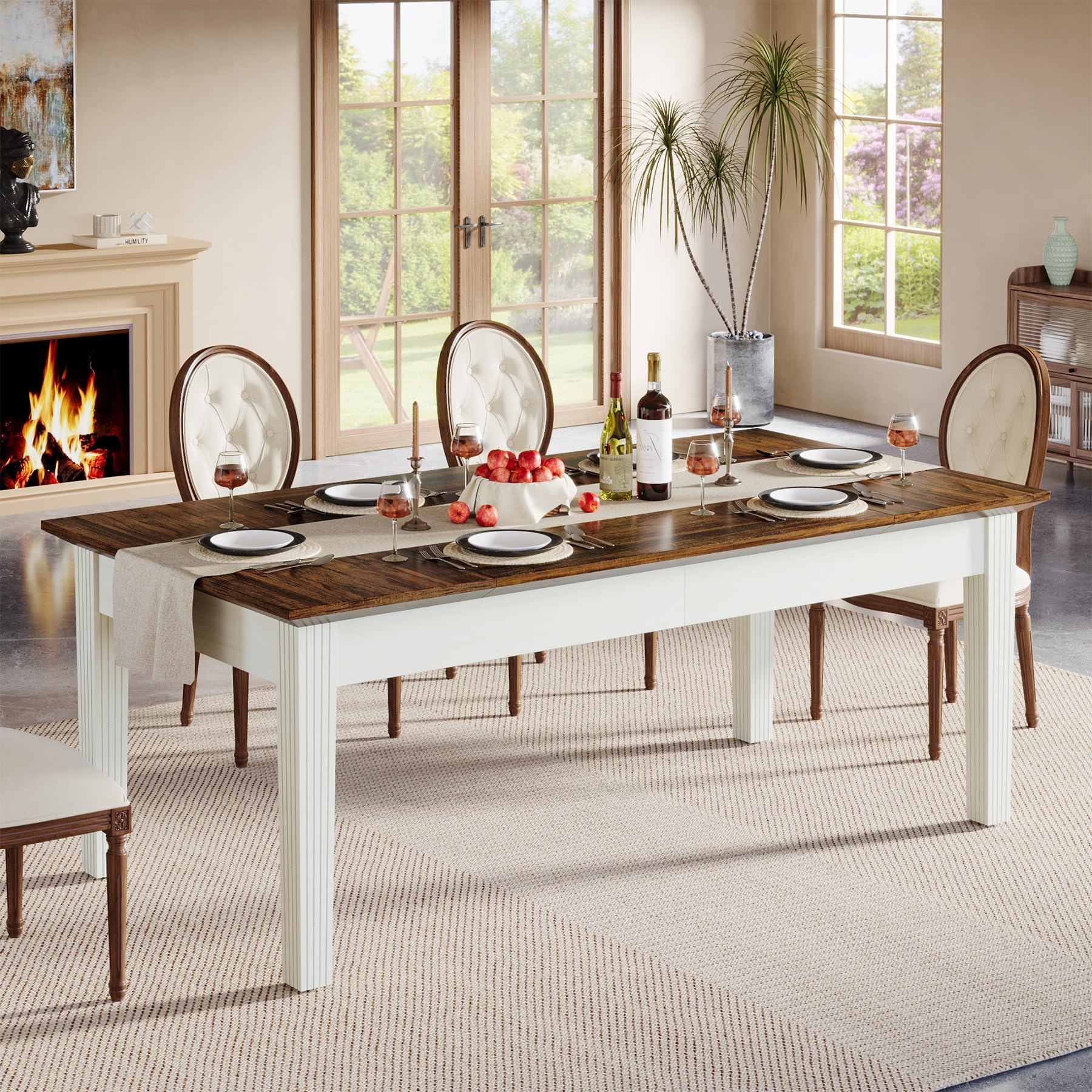 62-Inch Rectangular Dining Table with Solid Wood Legs - Rustic Brown & Cream White
