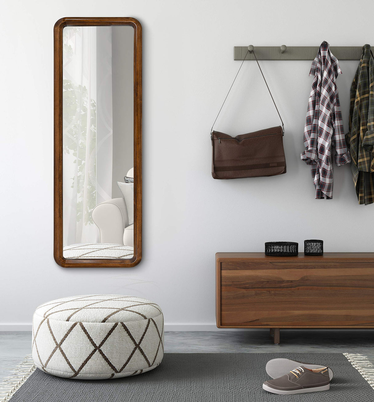 Pao Mid-Century Panel Wood Framed Wall Mirror, 16 x 48, Walnut Brown