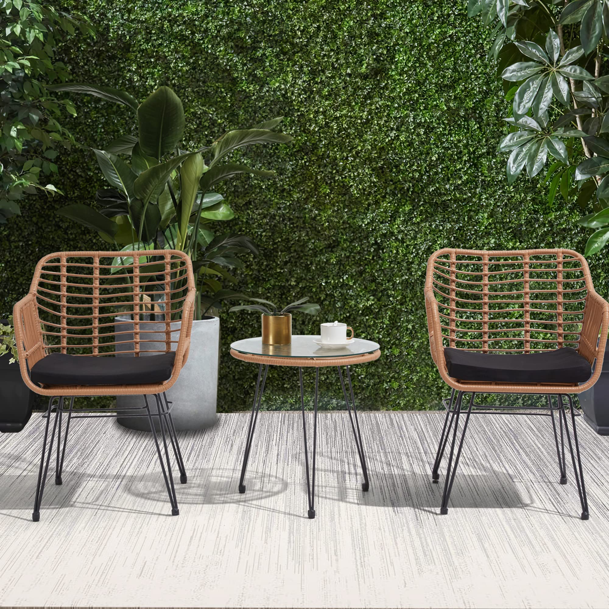 3 Pieces Wicker Patio Bistro Furniture Set, Includes 2 Chairs and Glass Top Tabler