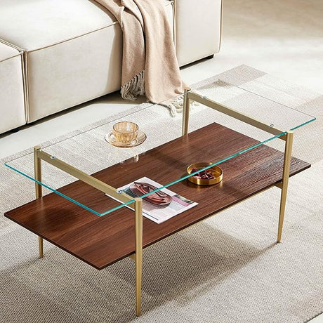 Layer Glass Coffee Table for Living Room, Brown Glass & Coffee Brown MDF Bottom Shelf