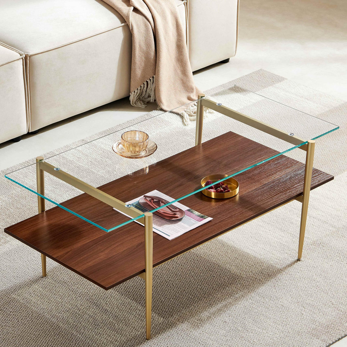 Glass Coffee Table, Clear Double Layer Glass Coffee Table