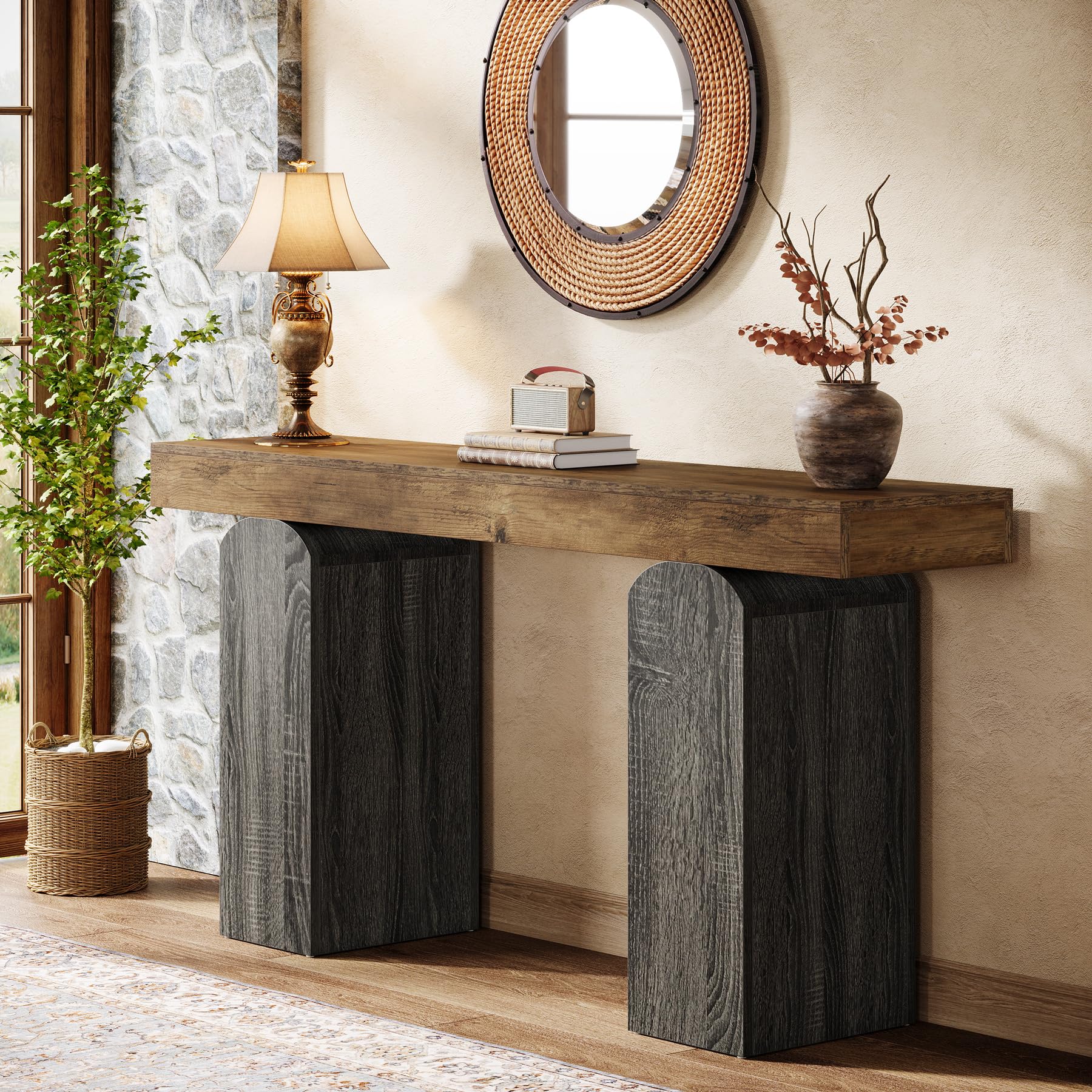 63" Farmhouse Console Table with Arched Pedestal Legs