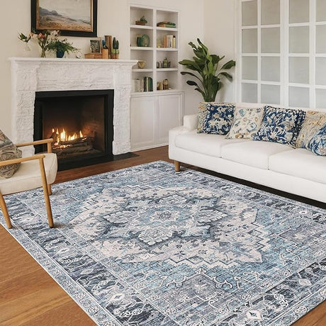 Kokia Washable Area Rugs 8x10 Living Room Boho Non Slip Thin Carpet Stain Resistant Vintage Multicolor Floral Printed Oriental Foldable Distressed Rug for Bedroom Kitchen Indoor House