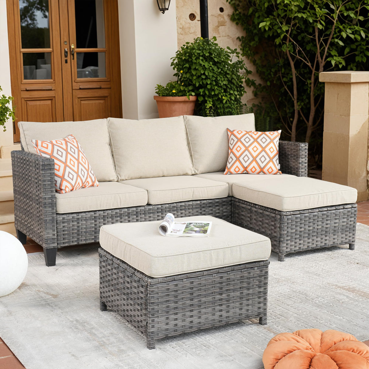 Patio Sofa 3 Pieces Patio Furniture Set Outdoor Wicker Sofa Couch with Ottomans