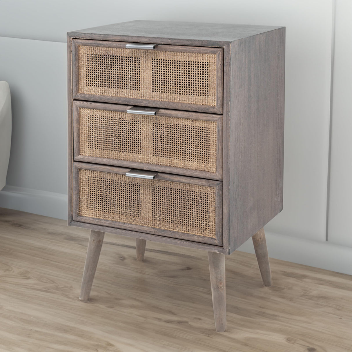 28 Inch Dresser Chest, 3 Drawers, Pine Wood, Rattan Panels, Gray