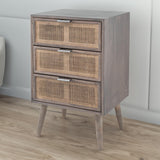 28 Inch Dresser Chest, 3 Drawers, Pine Wood, Rattan Panels, Gray
