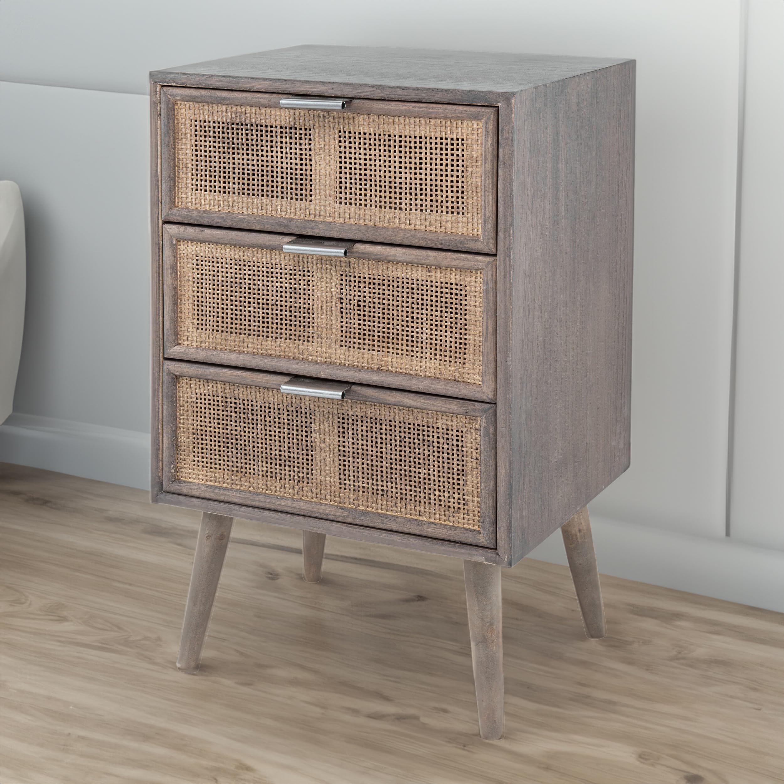 28 Inch Dresser Chest, 3 Drawers, Pine Wood, Rattan Panels, Gray